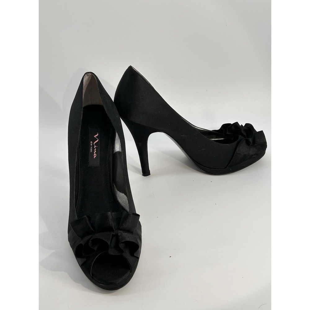 Nina Black Satin Peep Toe Pumps Size 10 M Ladies High Heeled Shoes Ruffle Accent